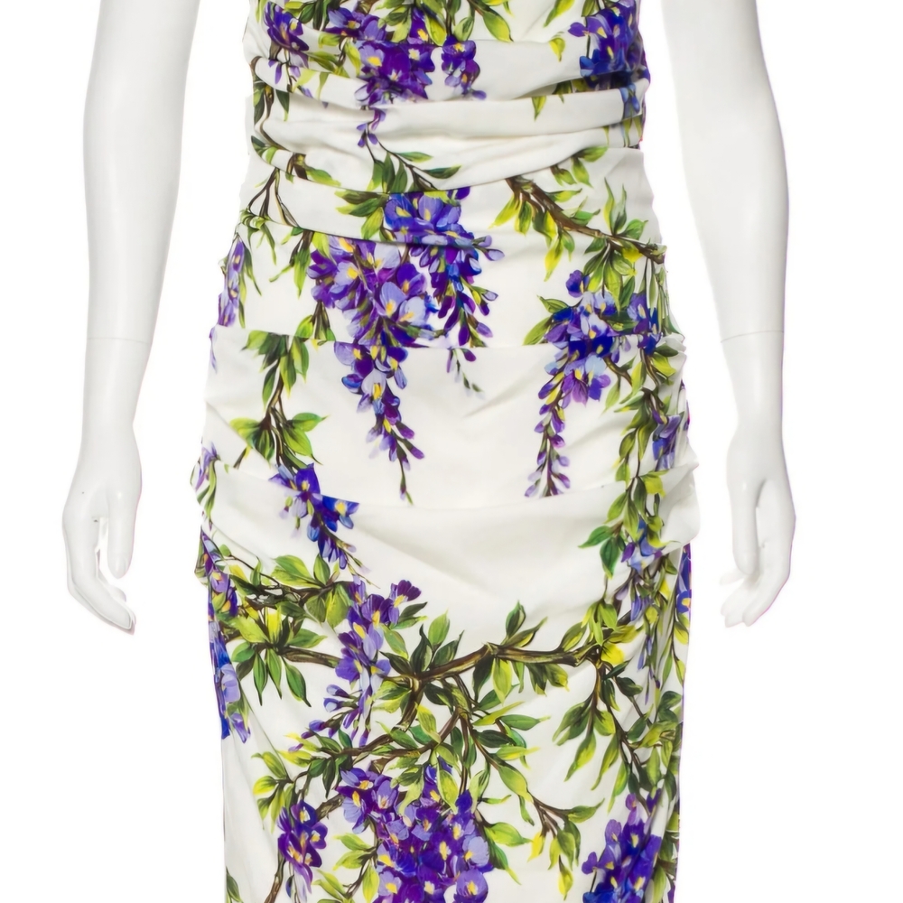 NWT - Dolce & Gabbana Wisteria Ruched Dress in White & Lavender - SIZE 48 - Picture 2 of 15